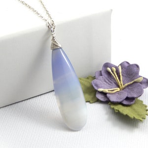 Chalcedony Necklace,Blue Banded Chalcedony Necklace,Wire Wrapped Gemstone Necklace,Sterling Silver