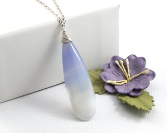Chalcedony Necklace,Blue Banded Chalcedony Necklace,Wire Wrapped Gemstone Necklace,Sterling Silver