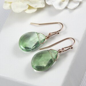 Pu&ograve; includere: Un paio di orecchini pendenti con pietra verde e dettagli in filo avvolto in oro rosa e ganci.