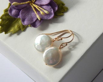 Coin Pearl Earrings,Coin Pearl Dangle Earrings,Pearl Drop Earrings,Freshwater Pearl Earrings,June Birthstone,June Birthday Gift