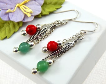 Silver Feather Earrings, Feather shaped sterling silver with dangling multi-stone spheres,Green Jade And Red Coral Earrings,Boho Earrings