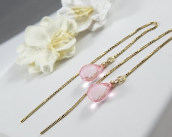 Pink Quartz Threaders,Quartz Earrings,Minimalist Jewelry,Gold Threader Earrings,Gemstone Earrings