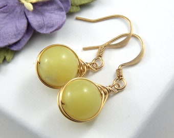 Jade Earrings,Yellow Butter Jade Gold Drop Earrings,Natural Gemstone Earrings