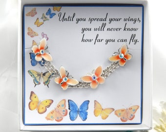 Butterfly Bracelet, Orange Butterfly Bracelet, Sterling Silver, Gift Boxed Bracelet,Adjustable Bracelet