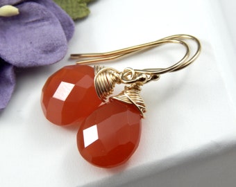 Carnelian Earrings,Orange Carnelian,Gem Drop Earrings,August Birthstone,Gold Filled