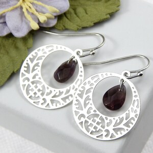 Amethyst Earrings: Silver Filigree Disc, February Birthstone image 1