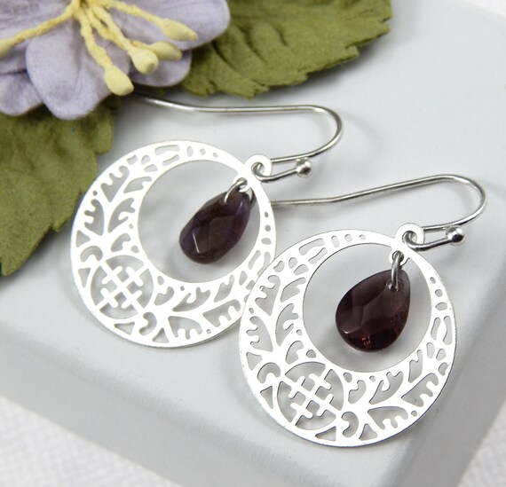 Amethyst Earrings: Silver Filigree Disc, February Birthstone