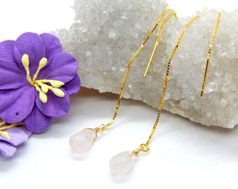 Rose Quartz Threader Earrings: Gold Filled Wire, Sterling Silver