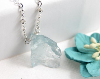 Aquamarine Necklace,Blue Aquamarine Necklace,Rough Crystal Necklace,March Birthstone,Silver Necklace