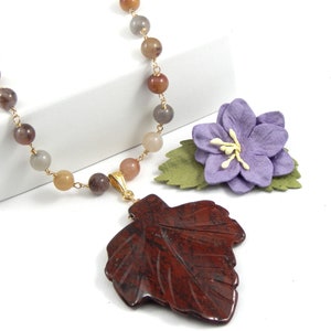 One Of A Kind Hand Carved Gemstone Leaf And Agate Necklace,Leaf Pendant Necklace,Agate Jewelry