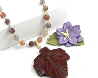 One Of A Kind Hand Carved Gemstone Leaf And Agate Necklace,Leaf Pendant Necklace,Agate Jewelry
