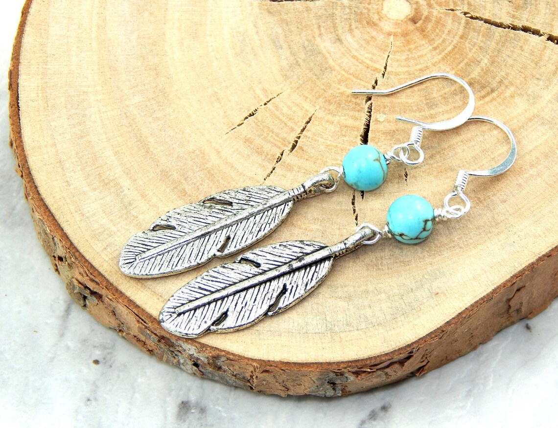 Feather Earrings Silver Feather and Turquoise Earrings Charm Etsy