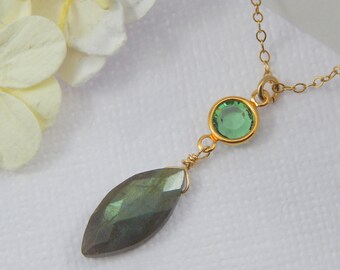 Labradorite Necklace,Labradorite And Erinite Pendant Necklace,Gold Filled Chain