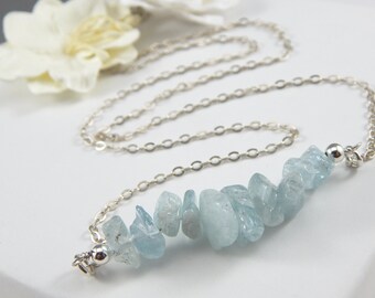 Raw Aquamarine Bar Necklace: Sterling Silver Layering Necklace
