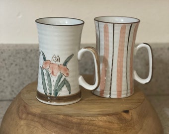 Vintage Stoneware Mugs / Ceramic Coffee Cups - Flowers and Stripes