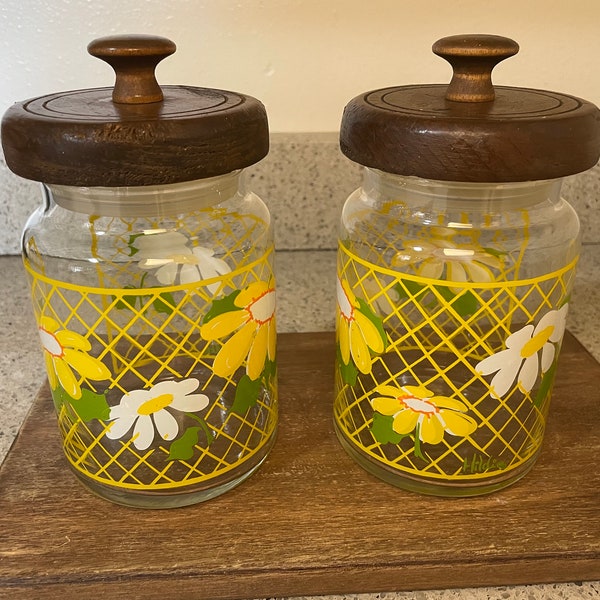 Set of 2 Anchor Hocking HILDI glass daisy jars with replaced lids