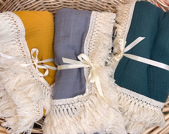 Boho Fringe Gauze Baby Swaddle Blanket: Soft Muslin Wrap
