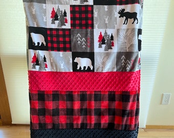 Cabin Quilt Buffalo Check Adult Minky Blanket 58" x 66" Patchwork Smooth Minky w/ Black Fur Minky on the Back - Ready to Ship