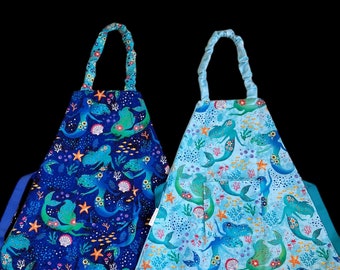 Blue Or Aqua Mermaid Child Apron, Reversible Kids Apron, Kids Art Smock, Child Baking Apron, Child Cooking Apron, Play Kitchen Apron