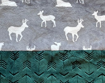 Minky Baby Blanket - Deer on Gray and Forest Green with Embosses Arrows 29" x 35" - Child Minky Blanket, Crib Size Blanket - Ready to Ship