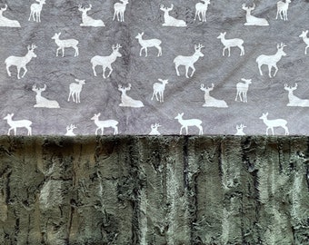 Deer Minky Adult/Teen Blanket - Deer To Me Gray with Forest Green & Olive Green Cuddle Minky Cuddle Dot 46" x 60" Adult Throw, Couch Blanket