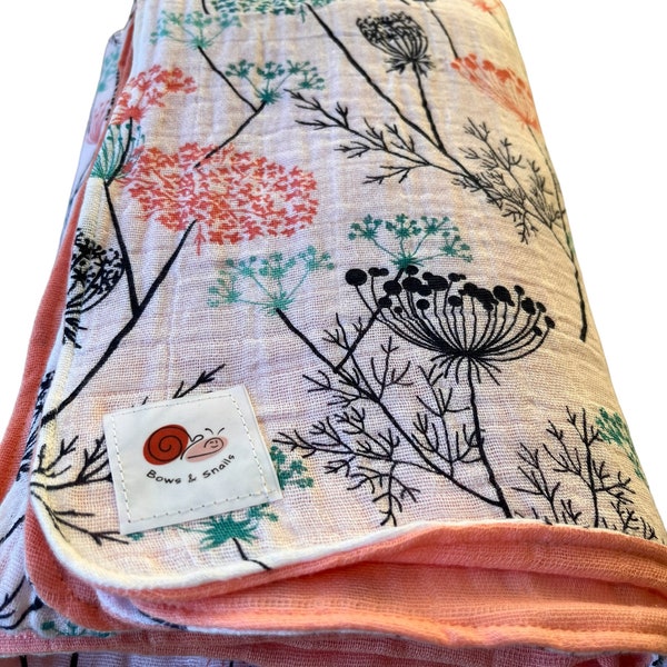 Queen Annes Lace Flowers Muslin / Double Gauze Cotton Swaddle Blanket 48" x 49" - Double Sided Backed in Coral