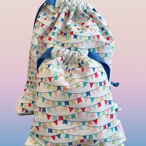 Party Flags Print Reusable Gift Bag: Cotton Birthday Party Sack, Lined and Reversible