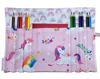 Fabric Pencil Roll Up Holder w/ Notebook Pink Unicorns - 12 count Pencils, Roll Up Pencil Storage, Pencil Case, Pencil Organizer