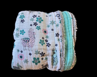 Llama Blanket Double Gauze Cotton Swaddle Blanket w/ Gray Chenille Fringe and Light Turquoise Back
