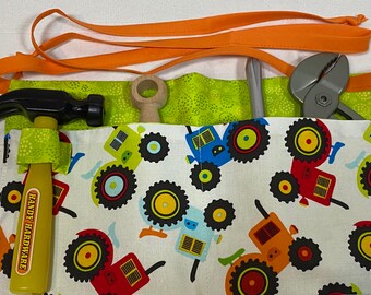 Child Tool Belt - Tractors on White With Lime Green Lining - Ready to Ship - children half apron - tool apron