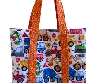 Bolsa de mano infantil con diseño de camiones de construcción: mochila infantil hecha a mano con bolsillos