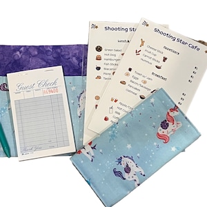 Conjunto de avental infantil para garçonete/garçom - Blue Unicorns Pretend Play Restaurant, cozinha de brinquedo, cardápios de brinquedo, meio avental infantil