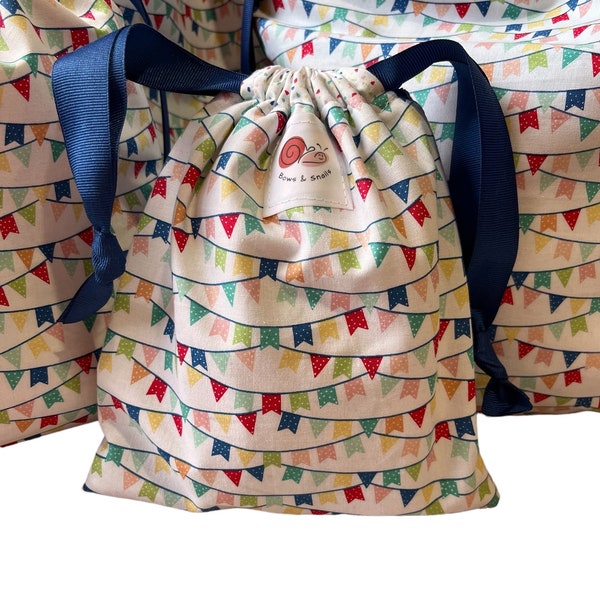 Reusable Gift Bag, Birthday Flags and Confetti - Birthday Gift Bag, Birthday Sack, Cloth Gift Wrap Bags - Fully Lined and Reversible