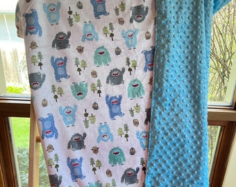 Bigfoot Boogy Minky Blanket 43" x 60", Sasquatch, Owls and Trees Child Minky Blanket, Ready to Ship
