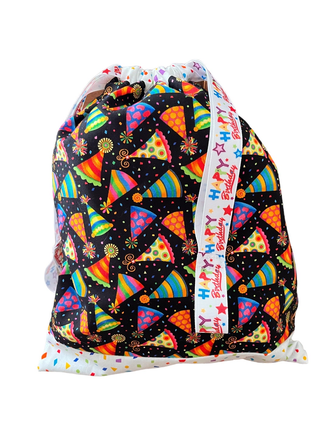 Reusable Gift Bag, Party Hats on Black Birthday Gift Bag, Birthday Sack, Cloth Gift Wrap Bags