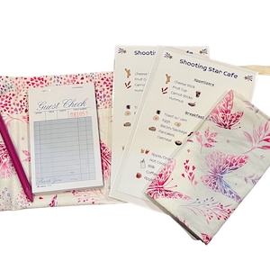 Children&#39;s Waitress/Waiter Apron Set - Pink Butterflies on Cream - Pretend Play Restaurant, Play Kitchen, Pretend Menus, Children Half Apron