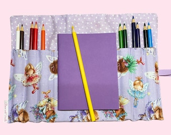 Fabric Pencil Roll Up Holder w/ Notebook Lavender Fairies - 12 count Pencils, Roll Up Pencil Storage, Pencil Case, Pencil Organizer