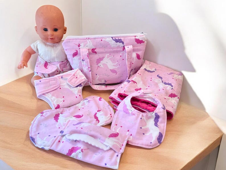 Pink Unicorn Baby Doll Diaper Bag and Accessories Kit, Doll Diapers and