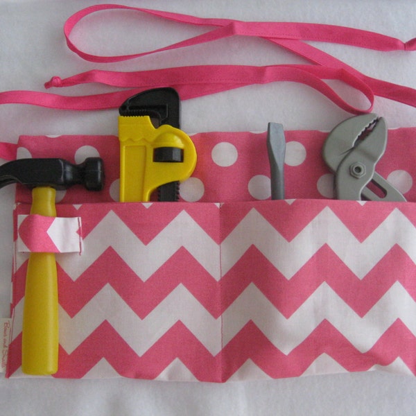 Children 2 Pocket Tool Belt Girl Apron Hot Pink Chevron with Hot Pink Polka Dots half apron, children's apron