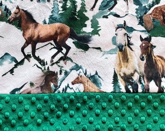 Wild Horses Minky Blanket Size 58" x 60" , Kelly Green and Horses Adult Minky Throw, Couch Blanket, Large Minky Blanket