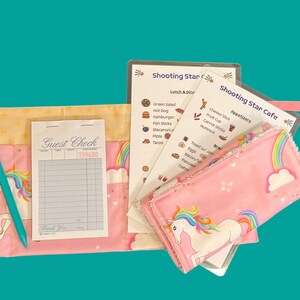 Children&#39;s Waitress/Waiter Apron Set - Pink Unicorns Pretend Play Restaurant, Play Kitchen, Pretend Menus, Children Half Apron
