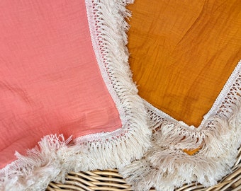 Boho Fringe Muslin Swaddle Blanket: Peach or Honey Gold Gauze