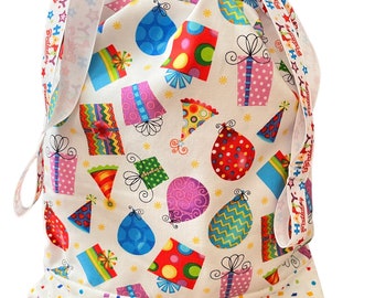 Reusable Gift Bag, Balloons and Presents Birthday Gift Bag, Birthday Sack, Cloth Gift Wrap Bags - Fully Lined and Reversible