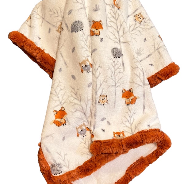 Tree Top Owl Fox Cloud Minky Baby Blanket with Ginger Minky Trim 32" x 35", Child Minky Blanket, Crib Size Blanket - Ready to Ship