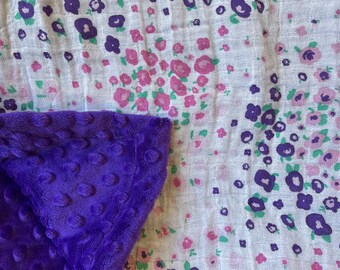 Floral Double Gauze & Purple Minky Dot Blanket, 36" x 41", Baby Blanket, Toddler Blanket
