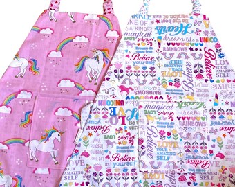 Child Apron Pink Unicorns - Medium Fits Ages 5-8, Reversible Kids Apron, Play Kitchen Apron, Child Cooking Apron, Child Baking Apron