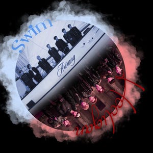 May include: A circular image with a black background features a boat with the word "Arirang" written on it. The word "Swim" is written in light blue above the boat. Below the boat, the word "Moon" is written in red.