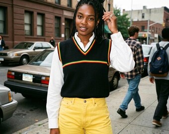 Vintage 90s Sweater Vest, Black Knit Sleeveless Top, Retro Red Yellow Green Stripe, Cropped Grunge Preppy Layering Piece, Indie Aesthetic