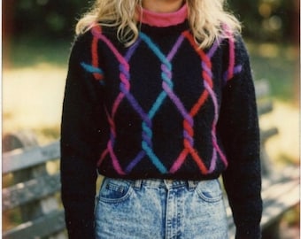 80s Mohair Twist Knit Sweater Black Multi Colored Abstract Retro Pullover Mock Neck Soft Grunge Indie Sleaze Aesthetic Vintage Top