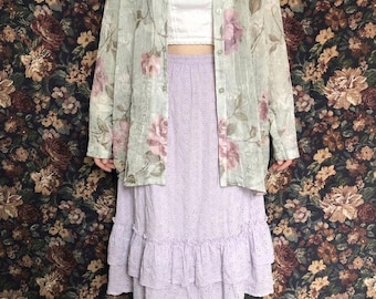 Vintage 90s Sheer Floral Blouse Sage Green Watercolor Rose Button Up Shirt Plus Size 18W Cottagecore Fairycore Festival Flowy Layering Top